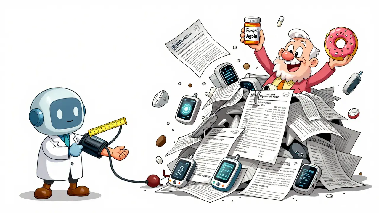 Robotic doctor measuring one patient while real-world medical records tumble in a chaotic pile.