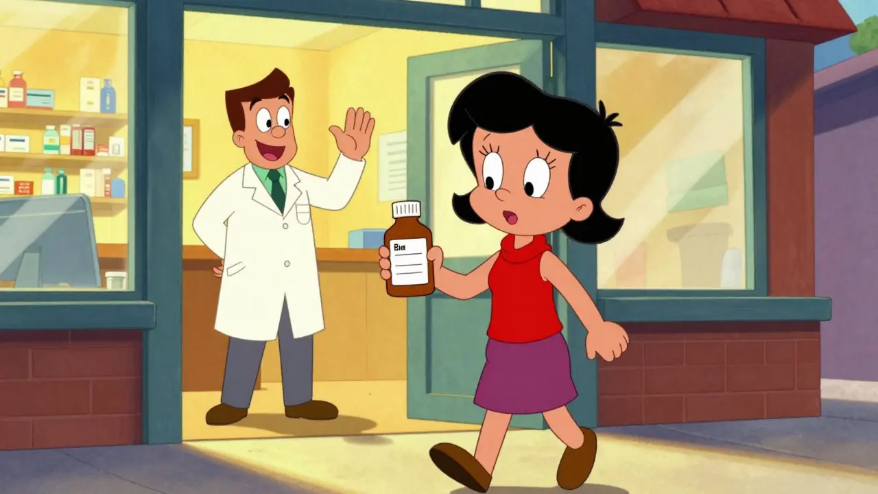 Smiling patient holding medication after speaking with pharmacist.