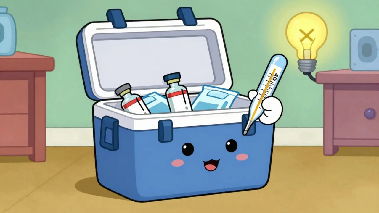 A friendly medical cooler keeping insulin at the correct temperature during a power outage