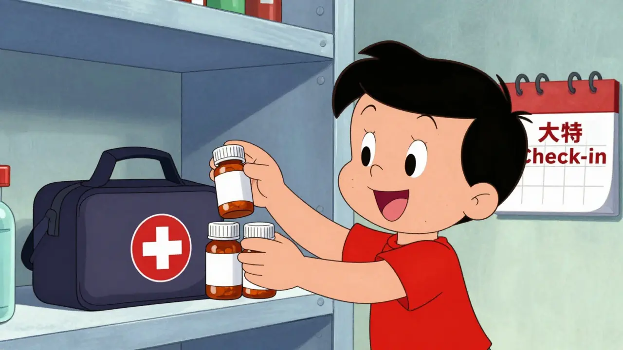 A person organizing medications by expiration date in a dark emergency bag