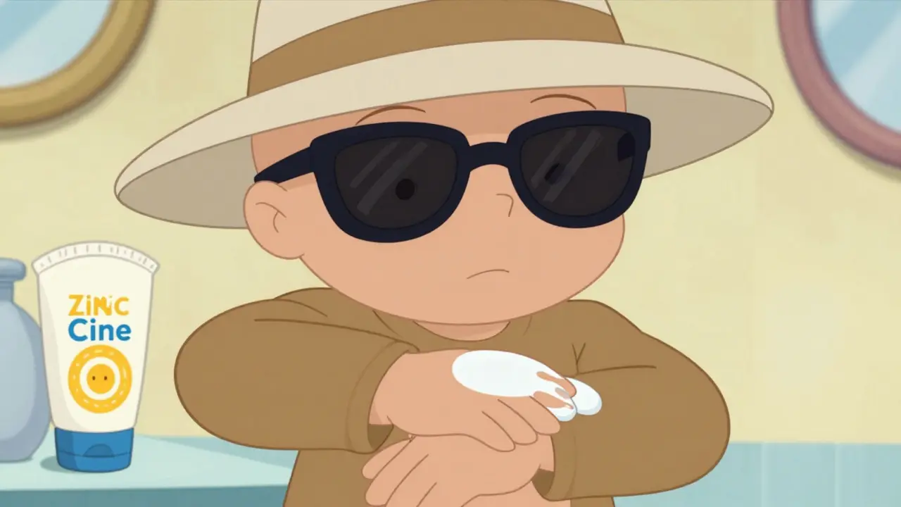 Animated character wearing sun hat and applying lotion.