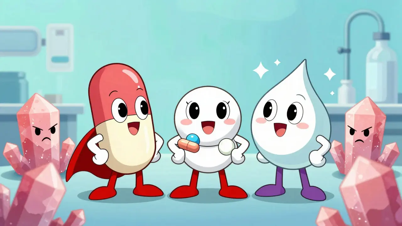 Anthropomorphic medication characters fighting jagged uric acid crystal monsters