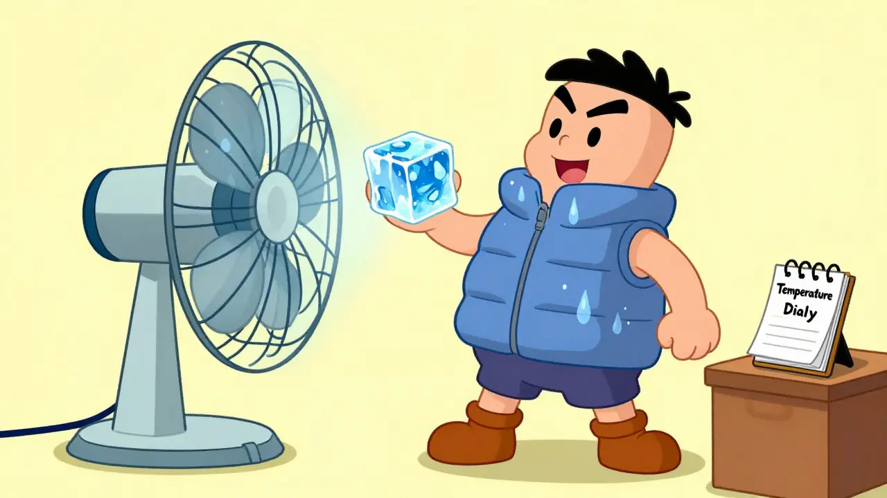 Cartoon character using a cooling vest and a large fan to manage heat hives.