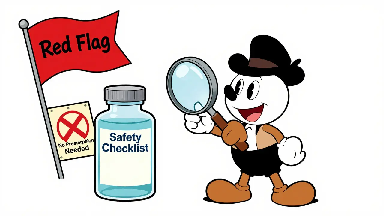 Cartoon character using a magnifying glass to inspect a medication bottle for safety.
