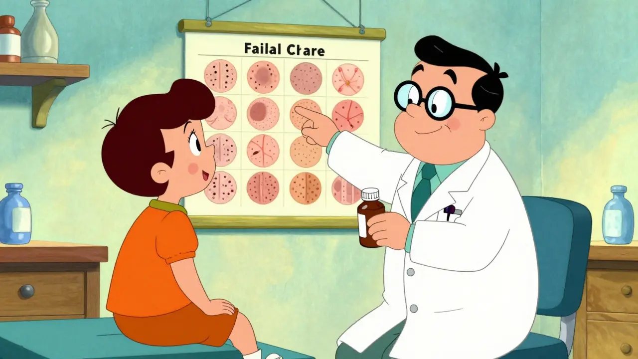 Cartoon doctor in a bright office explaining rash patterns to a patient.