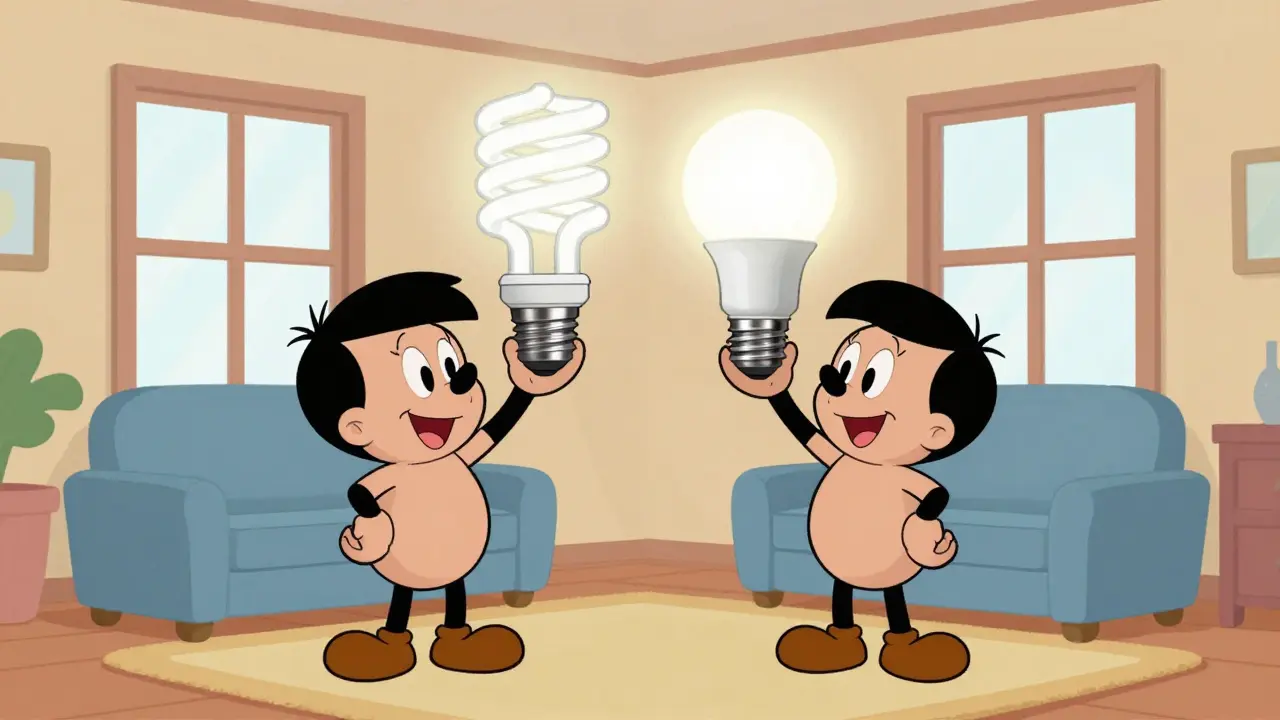 Cartoon home interior with safe LED light bulb installed.