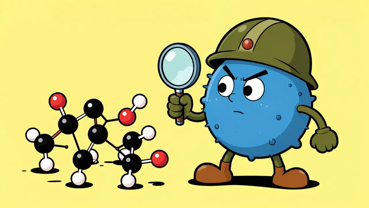 Cartoon T-cell soldier studying a drug molecule to build an immune response army.