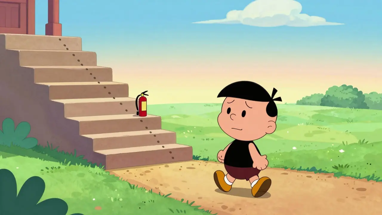 Cheerful cartoon character walking away from a set of tapering stairs toward a sunny horizon