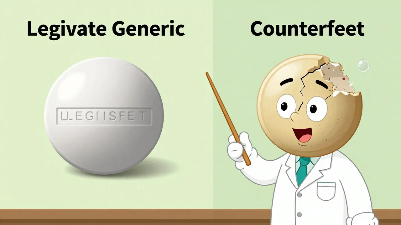 Comparison between a smooth legitimate pill and a crumbly counterfeit pill