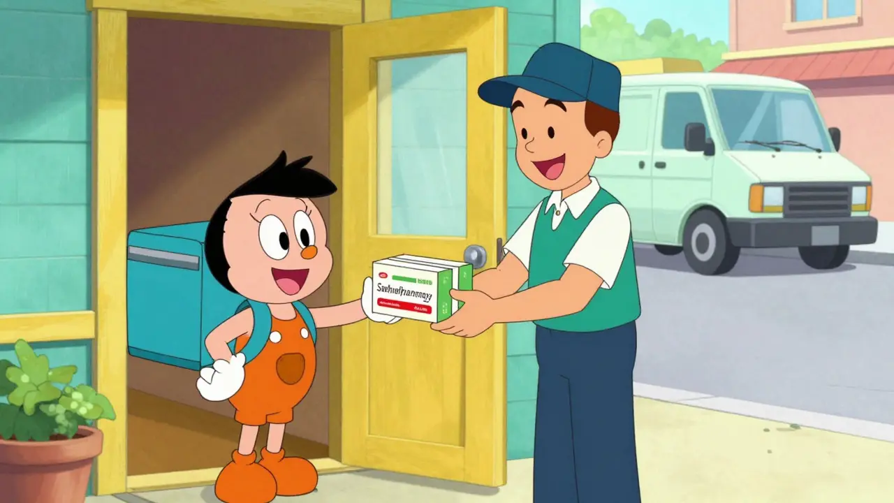 Delivery person delivering a pharmacy package to a home in a colorful animation style