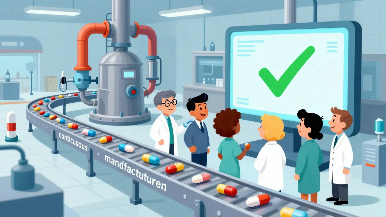 Diverse team of cartoon professionals monitoring a futuristic continuous drug manufacturing line