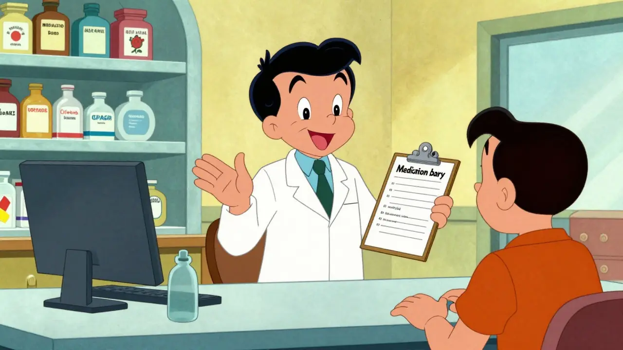 Friendly pharmacist helping a patient with a medical plan in a vintage cartoon style