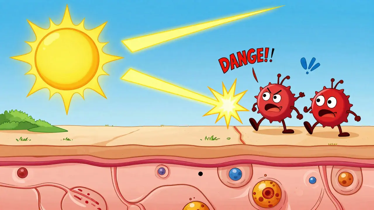 Illustration of UV rays triggering an immune response in the skin