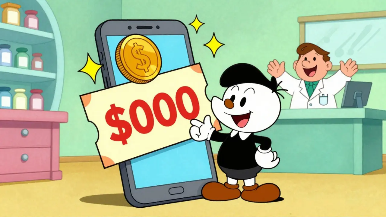 Person using a digital coupon to save money at a pharmacy in a classic cartoon style