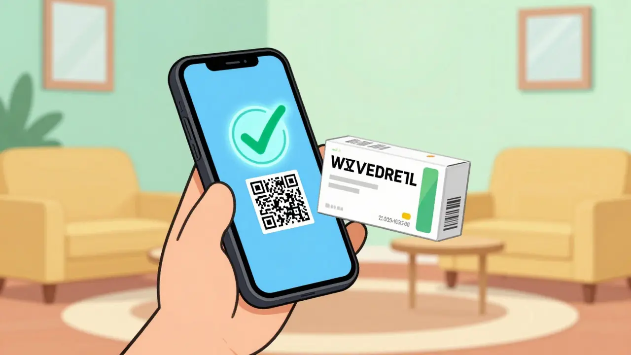 Person using a smartphone to scan a medicine bottle for verification
