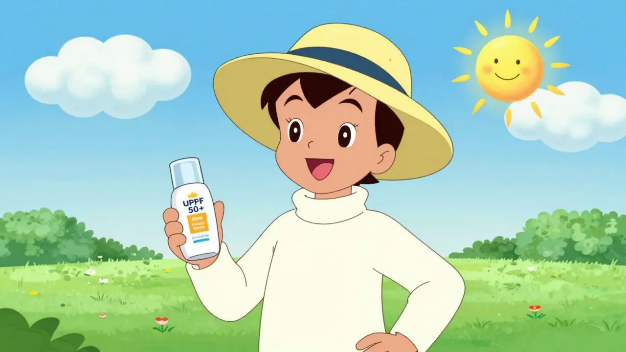 Person wearing a sun hat and protective clothing for UV protection