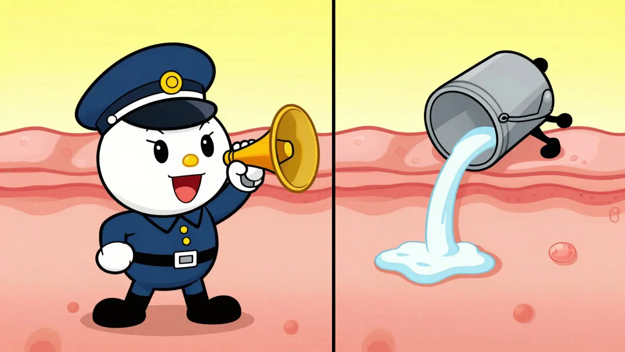 Split scene showing immune system alarm and skin dryness in a colorful cartoon style