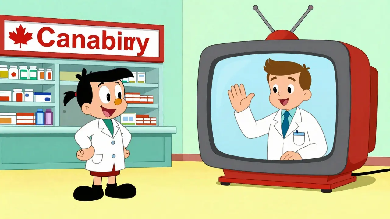 Split screen showing a Canadian pharmacy and a telehealth doctor in a classic animation style.
