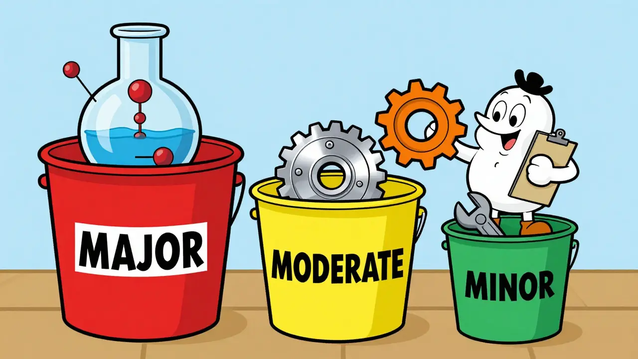 Three colorful buckets labeled Major, Moderate, and Minor containing pharmaceutical equipment